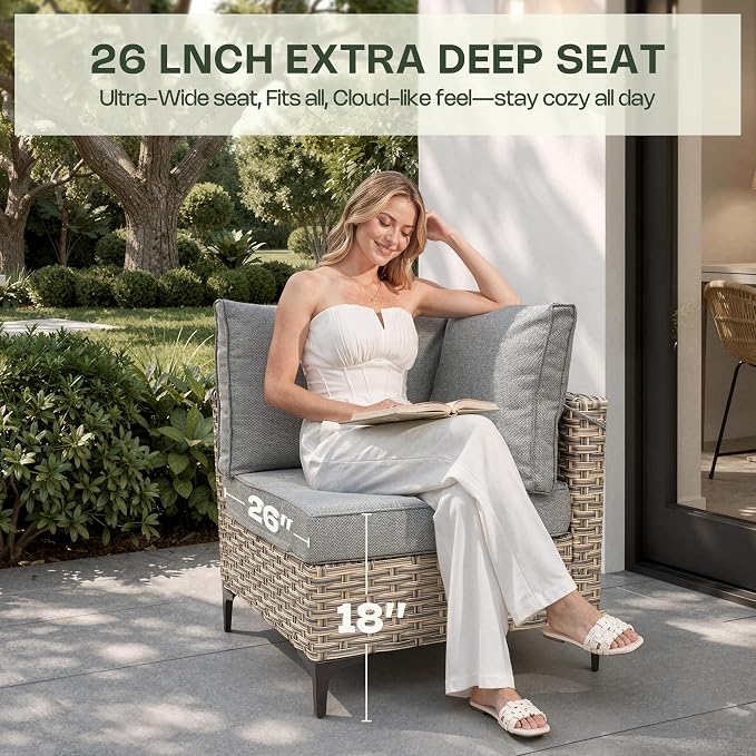 5 Piece Outdoor Sectional Patio Furniture Set with Solar Lighted Coffee Table, Modular Wicker Conversation Set with Flexible L-Shaped Layout for Porch Balcony Backyard, Dark Gray