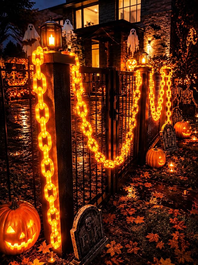 Battery Halloween Chain Lights, 10 FT 160 LED Orange Light-Up Plastic Timer | 8 Modes Battery Operated with Memory for Skeleton Dog, Yard Skeleton, Haunted House and Outdoor Decor Halloween Decorations