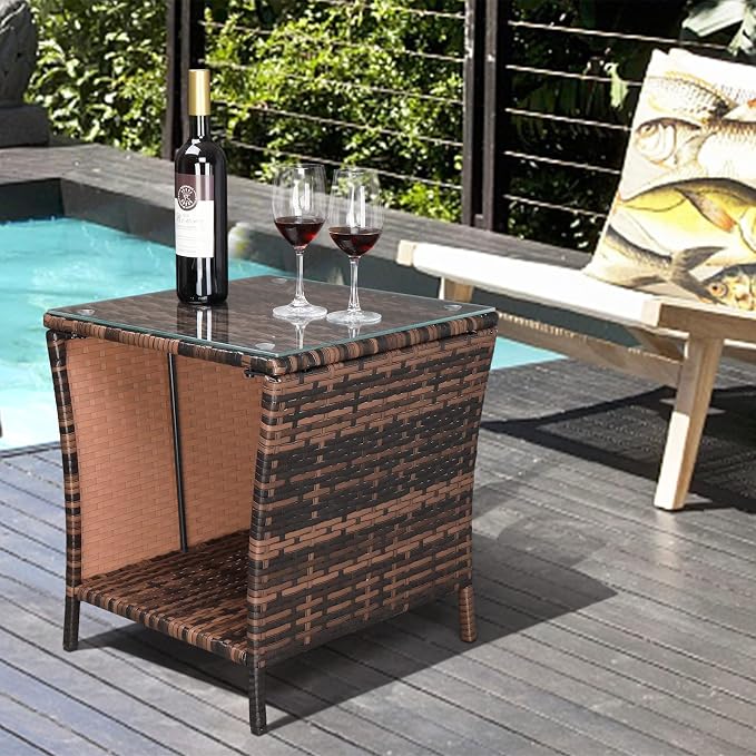 Outvita Outdoor Side Table, Rattan Coffee Table Small End Table with Glass Top Storage for Patio Porch Backyard Balcony