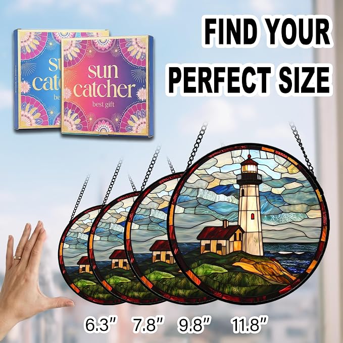 Birthday Gifts for Women - Ocean Lighthouse Faux Stained Glass Window Hanging Sun Catcher for Door Garden Acrylic Decor Mother's Day Christmas for Mom Men Nana Grandma Sisters Dad 11.8"