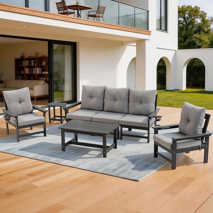 HDPE Outdoor Patio Furniture Set, 7 PCs All Weather Performance Patio Conversation Set w/Back and Seat Cushions, Free Combination Outdoor Furniture for Patio, Lawn, Poolside, Backyard, Grey