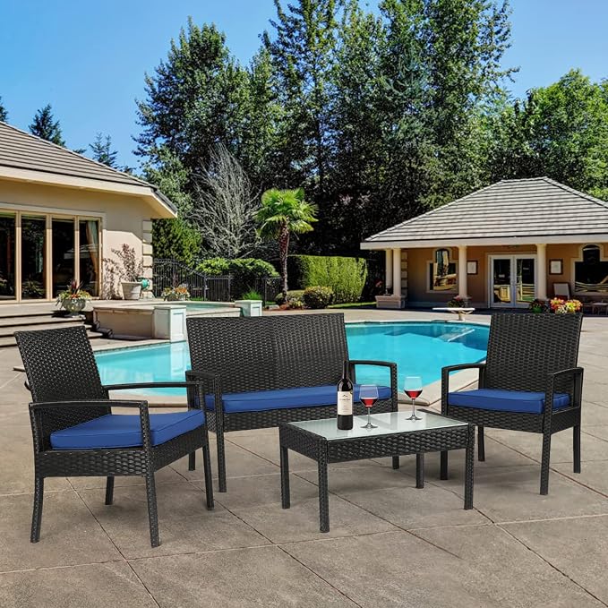 4 Piece Outdoor Patio Furniture Set, Rattan Patio Conversation Set | Thick Polyester Cushions, Tempered Coffee Table, Steel Frame Easy Assembly, Suit for Backyard Porch Poolside Balcony, Blue