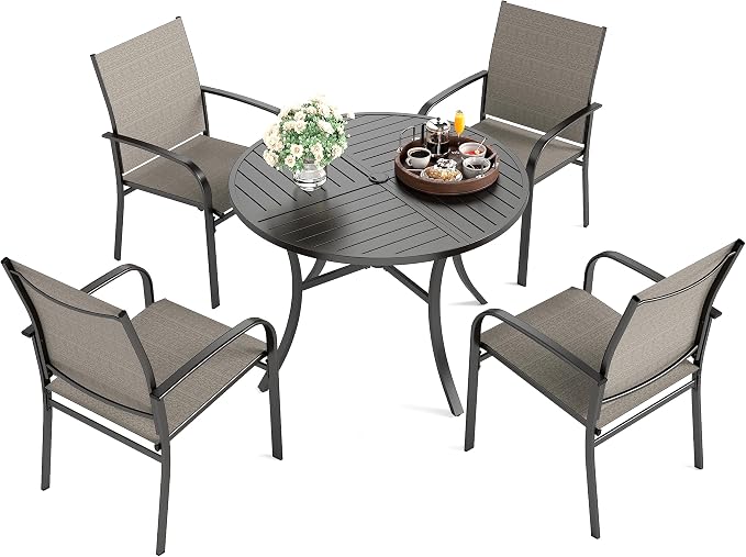 HERA'S HOUSE 5pc Patio Dining Set for 4, 42" Round Metal Table | Brown textilene chairs, umbrella hole. Waterproof, rust-resistant, all-weather for backyard, porch