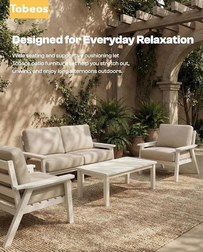 HDPE Patio Furniture Set 8 Seats, Outdoor Couch with Washable Thick Beige Cushions & Side Table, Outdoor Sectional Furniture for Backyard, Deck, Lawn, Porch (White Frame)