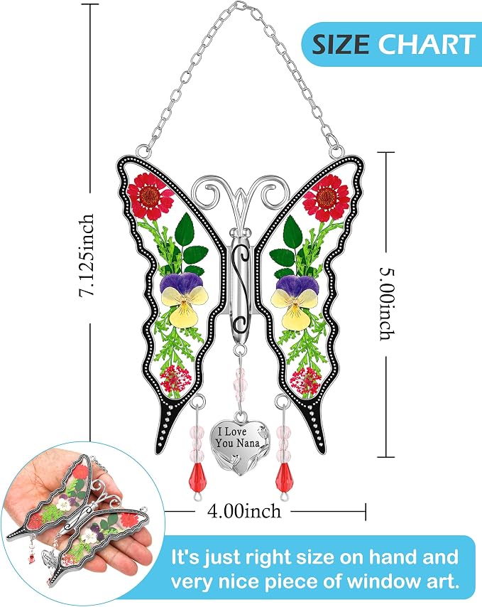 KY&BOSAM Nana Gifts Butterfly Stained Glass Suncatcher Windows Hanging | I Love You Nana Charm Sun Catchers Wind Chimes Ornament,Metal,Pressed Flowers and Glass,Mothers Day Gifts for Nana Christmas
