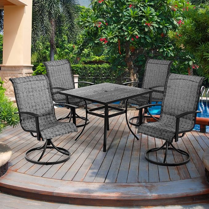 Grand patio Outdoor Dining Set of 5, Outdoor Table and Chairs Set, 4 Padded Mesh Sling Swivel Rocker Patio Chair & 36'' x36'' Square Dining Table(1.5'' Umbrella Hole), Black & Grey Plaid