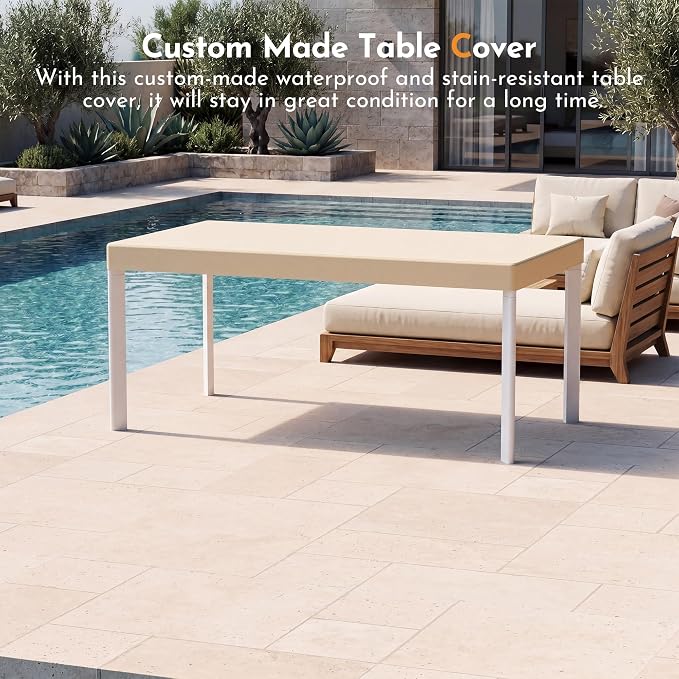 Modern Shade 5 Piece Luxury Outdoor Dining Set, Designer Outdoor Table and Chairs with Fade Resistant Cushions & FSC Teak, Premium Aluminum Patio Table and Chairs Set for Elegant Outdoor Living, Beige