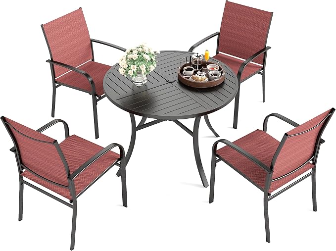 HERA'S HOUSE 5pc Patio Dining Set for 4, 42" Round Metal Table | Red textilene chairs, umbrella hole. Waterproof, rust-resistant, all-weather for backyard, porch