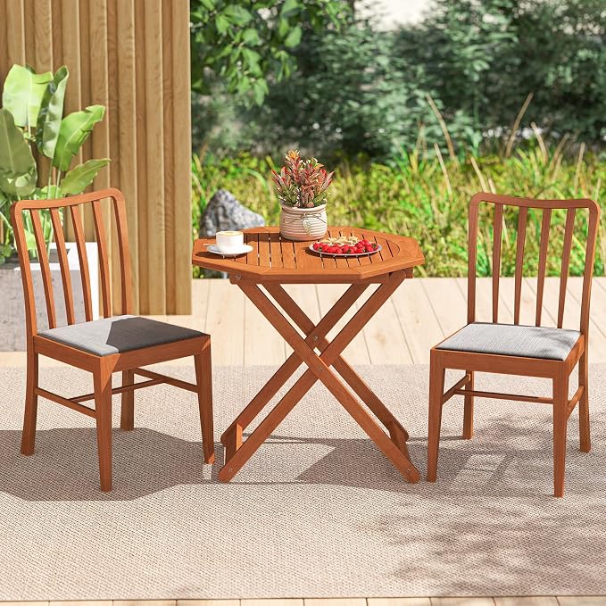 Folding Outdoor Dining Table, Solid Wood Bistro Table with 2" Umbrella Hole, Octagon Foldable Patio Table for Porch Balcony Deck Garden Yard, Teak Oil Finish, No Assembly Needed (1)