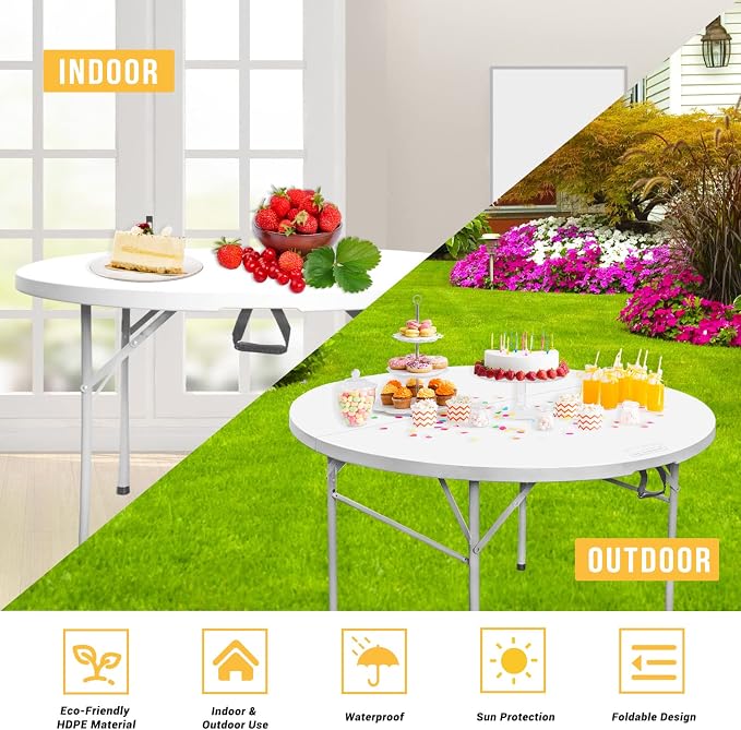 Byliable Round Folding Table 48 inch Bi-Fold White Plastic Folding Table Circle Card Table for Outdoor Party Banquet Tables Wedding Event