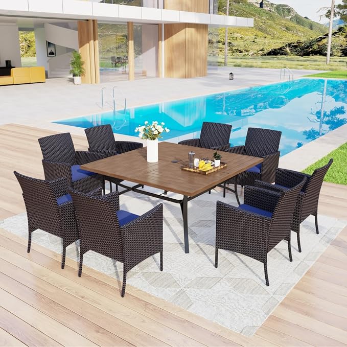 MFSTUDIO Outdoor Dining Set for 8, Patio Table and Chairs, Outdoor 57.5" Square Metal Table with Chairs, 9 Pieces Patio Furniture Dining Set
