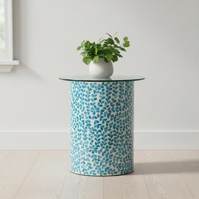 PEMAR Mother of Pearl Inlaid Cylinder Drum End Table Nacre Capiz Shell Side Table Stool Drum Accent Table Coffee Bedside Side Table Round Nightstand and Vanity Stool (Teal Floral)