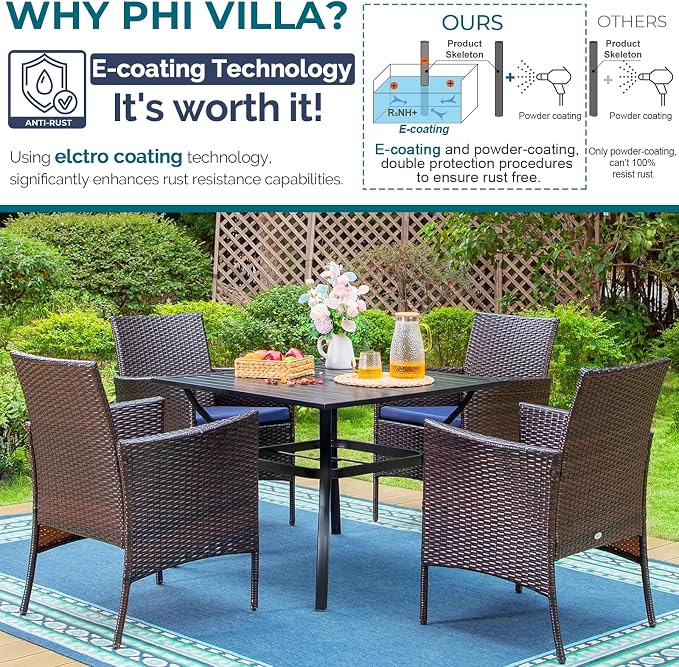 PHI VILLA 5pc Patio Dining Set with Umbrella, Square Table, Rattan Chairs | Outdoor Dining Set for 4, 37" Metal Table & 4 Cushioned Rattan Chairs with Red Umbrella for Outdoor, Deck, Yard, Porch