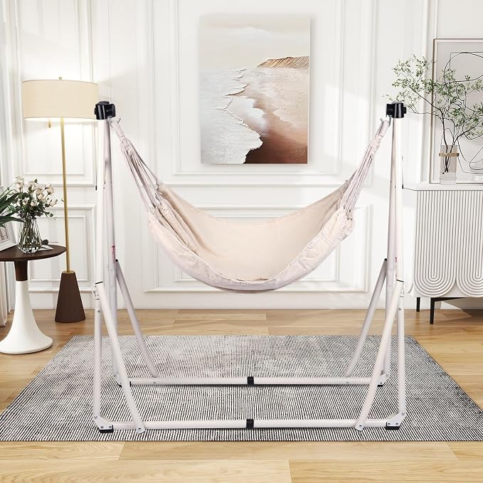 2 in 1 Hammock with Stand - Portable Hammock & Swing Chair, No Tools Assembly, with Carry Bag, Indoor Outdoor for Patio, Garden, Camping, Apartment (White)
