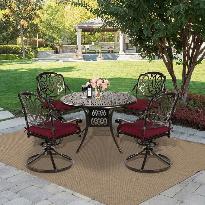 MEETWARM 5-Piece Outdoor Patio Dining Set, All-Weather Cast Aluminum Patio Conversation Set for Backyard Garden Deck with 4 Cushions Swivel Rocker Chairs and 35.4" Round Table, Chili Red