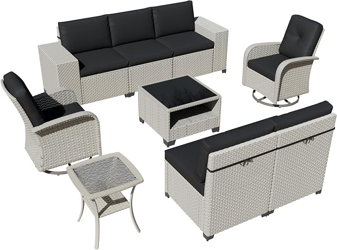 9-Piece Outdoor Patio Furniture Set, Modular Sectional Sofa Set with Swivel Rocker Chairs, Wicker Outdoor Couch Conversation Sets w/Coffee Table and Cushions, Black