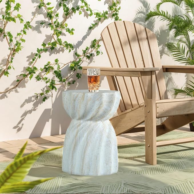 Stone Side Table,Round Faux Marble Side Table,Modern Small Stone End Table for Balcony (White-13.8"-9)