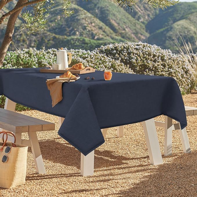 DYTXIII Outdoor Rectangle Tablecloth with Umbrella Hole and Zipper 84" x 60", Water Repellent Floral Picnic Cover, Fade & Wrinkle Resistant Tablecloth for Patio/Garden/Party Table, Textured Navy
