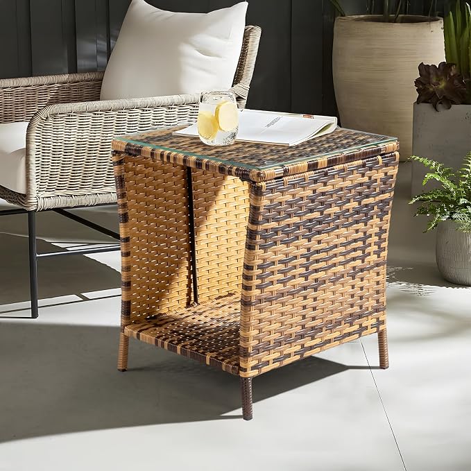 Outdoor Wicker Rattan Side Table, Square Rattan Coffee End Table Patio Wicker Table with Tempered Glass Top and Storage for Patio Garden Balcony (Yellow Gradient)