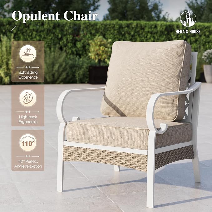 HERA'S HOUSE 5 Piece Metal Patio Furniture Set, 7 Seats All Weather Outdoor Conversation Set, 3 Seat Sofa with Loveseat, 2 Fixed Chairs, Coffee Table for Backyard, Garden, Deck, White/Beige