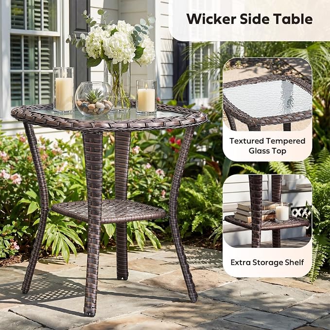 Rilyson Wicker Outdoor Patio Furniture Set - Weather Resistant Wicker,High Back,6 inch Cushions,3 Piece Patio Bistro Set with Swivel Rocker Chairs and Side Table for Deck Porch Yard,Brown/Grey