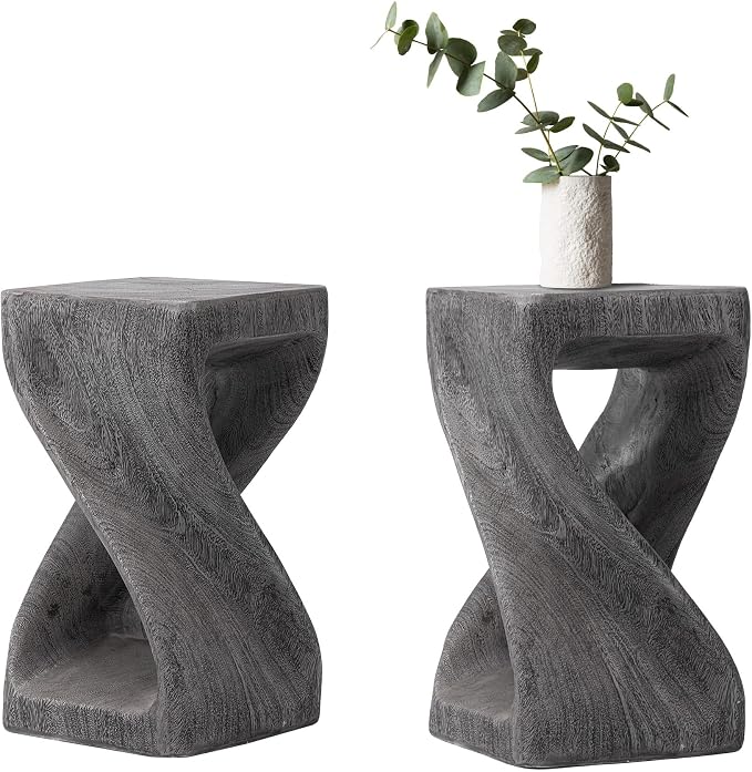 HOMPUS Outdoor Side Table w Twisty Shape, Concrete Accent End Table, Faux Wooden Patio Side Table Lightweight MgO, Modern Vintage Plant Stand Garden Tool for Indoor Outdoor Use, Color Grey