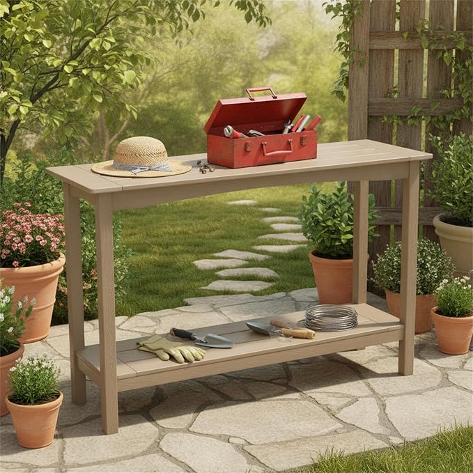 Outdoor Console Table, All-Weather Patio Console Table, 2-Tier OutsidePlant Stand Table, Low Maintenance, Never Rot or Fade, HIPS Table for Indoor, Backyard, Garden, Entryway, Coffee