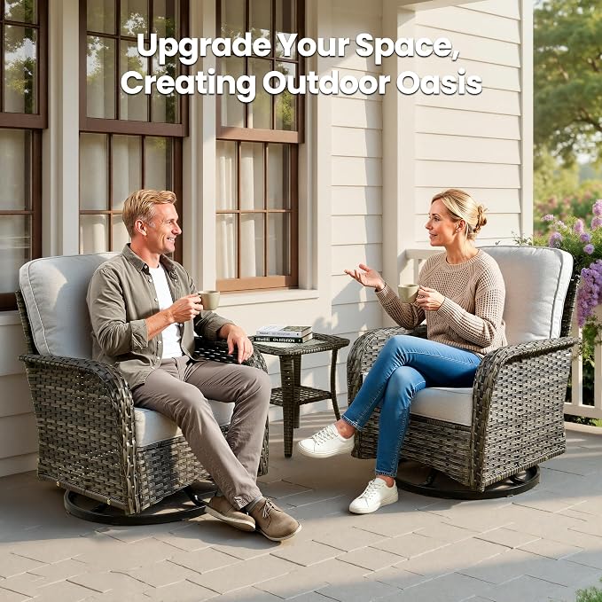7 Piece Patio Swivel Rocker Chairs Set with Side Table, Light Gray | High Back Deep Seating, All Weather Wicker, Outdoor Glider Chair Set, Porch Deck Backyard Balcony Furniture