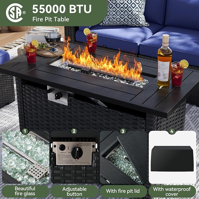 Aoxun 8 Piece Patio Furniture Set with 44” Fire Pit Table, Wicker Patio Sectional Sofa, Outdoor Furniture Set with Thickened Cushion, Blue