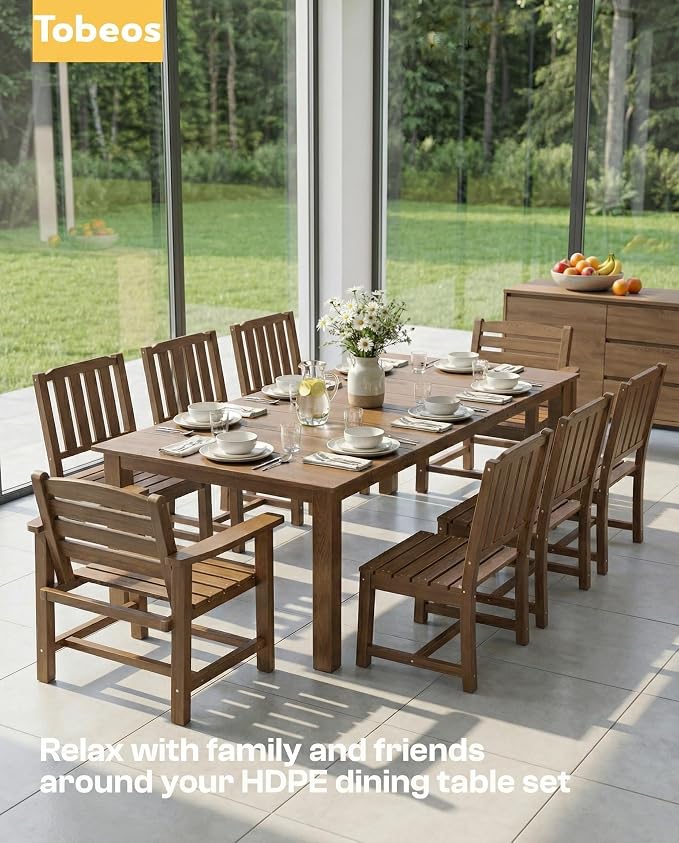 9-Piece Outdoor Dining Set with Aluminum Frame for 8,Brown | HDPE material, 2" umbrella hole, patio table and chairs, ideal for yard, lawn, garden, balcony, deck, poolside