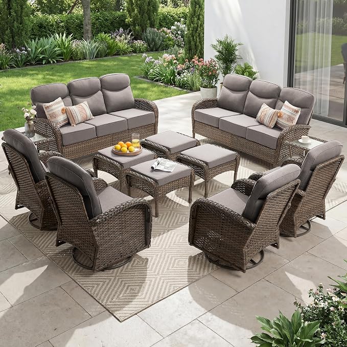 Outdoor Swivel Rocking Chair Patio Set (12pcs) High-Back - Thick Cushion Swivel Rocking Chair Patio with Sofa Set, All-Weather Wicker Patio Furniture Set, Suitable for Balcony Patios, Brown/Gery