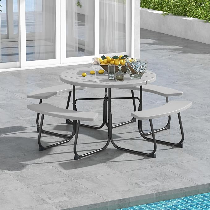 Giantex Picnic Table Set for Up to 8 Persons, Round Outdoor Table and Bench Set with Umbrella Hole, HDPE Top & Metal Frame, 2000LBS Capacity, Patio Table Bench for Deck Backyard Garden (Gray)