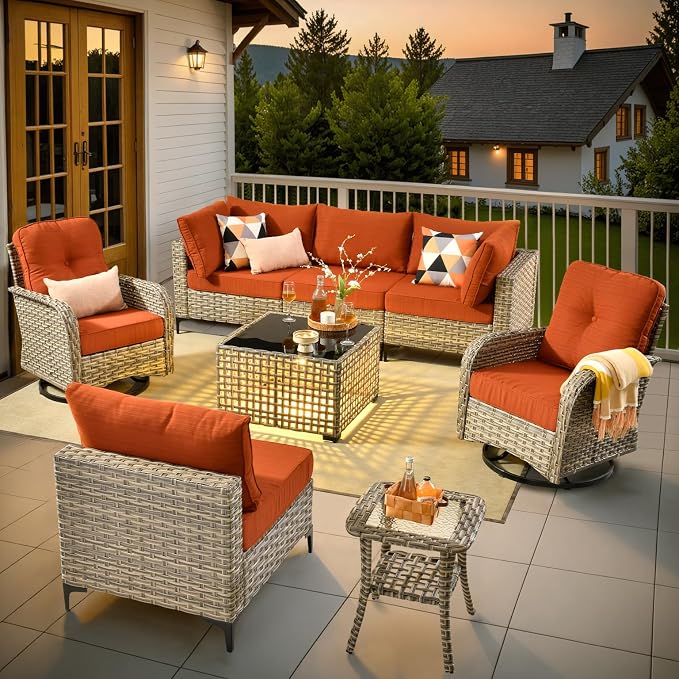 Patio Sectional Outdoor Furniture Set with Swivel Rocking Chairs and Glowing Table,8 Pieces Wicker Conversation Sets Modular Couch Out Door Sofa Outside Furniture for Garden Deck Yard Porch,Orange Red