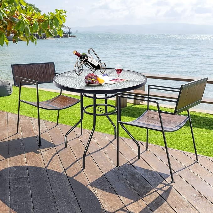 KOTEK 32'' Patio Table with Umbrella Hole, Outdoor Bistro Table w/Tempered Glass Top & Sturdy Metal Frame, Round Patio Dining Table Coffee Table for Garden, Balcony, Poolside