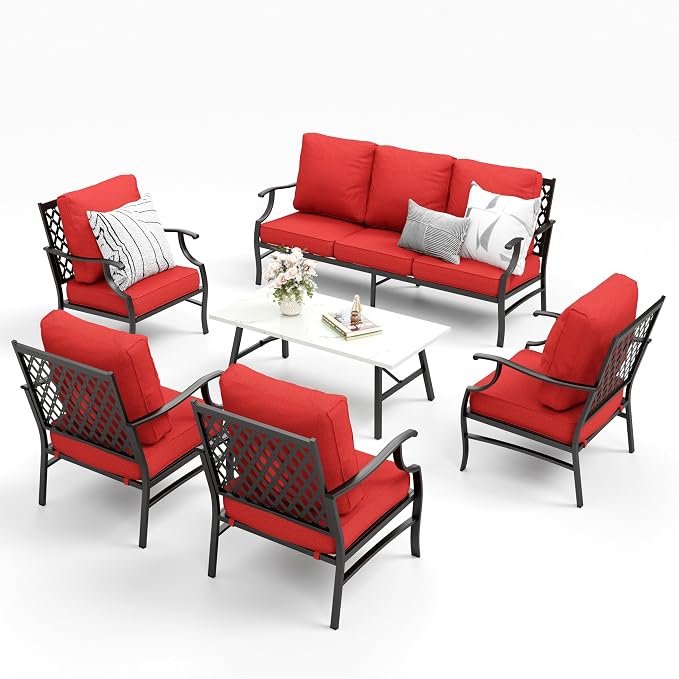 MIXPATIO Patio Furniture Set 6 pcs, Outdoor Patio Furniture, 1 X 3-Seat Sofa, 4 X Single Chairs, 1 X Coffee Table and 5.75" Extra Thick Cushion, Patio Conversation Set,Red