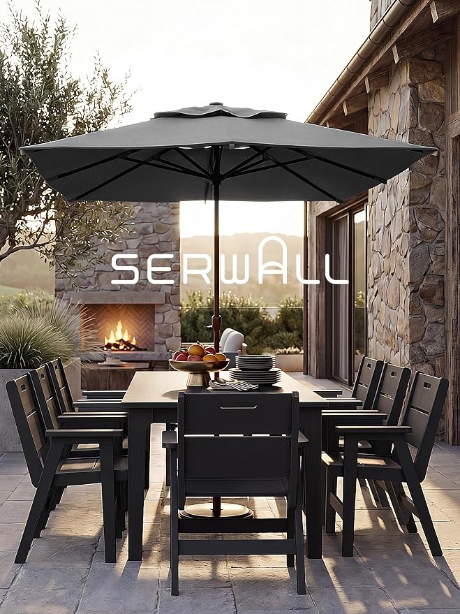 SERWALL 10-Piece Outdoor Patio Dining Set, 76" HDPE Table with 8 Chairs & 1 Umbrella (Base Excluded), All Weather Resistant Heavy Duty Outdoor Furniture for Backyard Deck Garden, Black