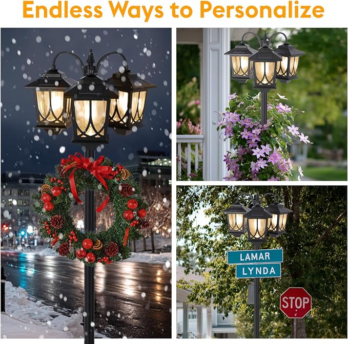 3-Head Solar Lamp Post Light, 73" Solar Lights Outdoor Waterproof, 60Lm 3000K Pathway Lights for Garden, Lawn, Yard
