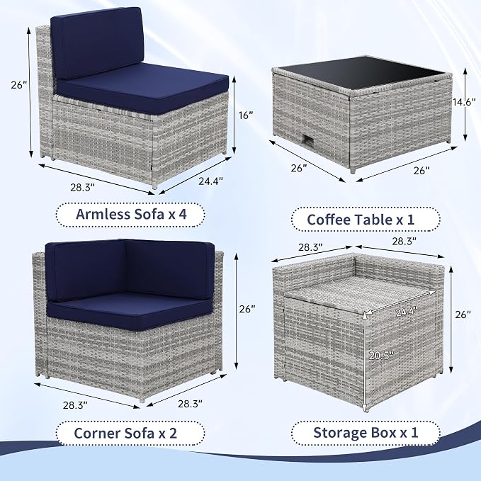 KROFEM 8 Piece Patio Furniture Set, Outdoor Modular Conversation Set, Blue | UV Treated Wickers, Machine Washable Cushions, Seats 6, 2 Hidden Storage Compartments, Rustproof Frame, Waterproof