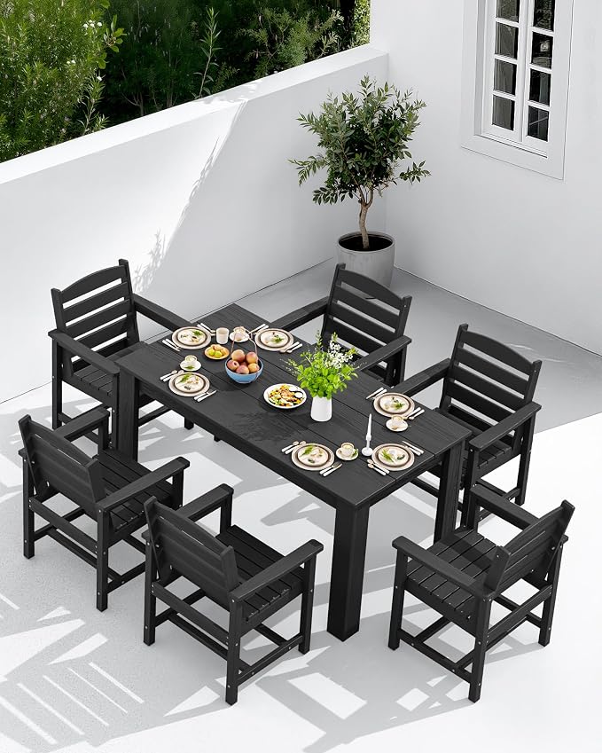 SERWALL 59" HDPE Outdoor Dining Set for 4, w/ 1 Table & 4 Armchairs, Black | All Weather Resistant HDPE Dining Sets for Patio, Garden, Backyard