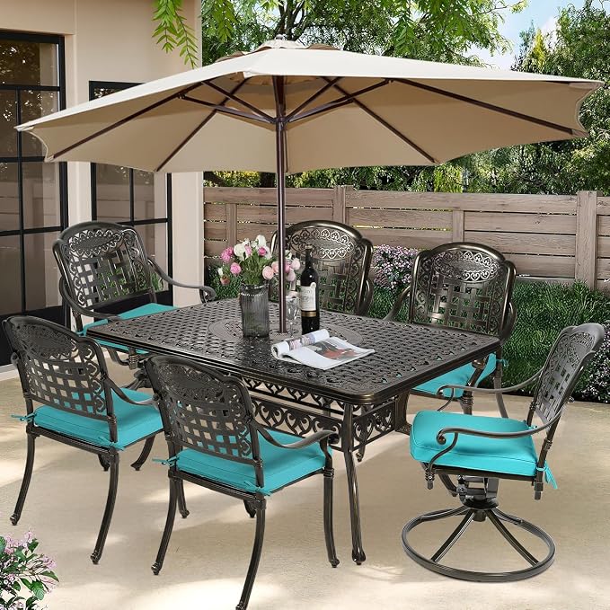 7-Piece Outdoor Patio Dining Set, 60” Rectangular Cast Aluminum Dining Table with Umbrella Hole and 4 Stationary, 2 Swivel Rocker Chairs, 6 Cushioned, Backyard, Patio, Garden, Blue