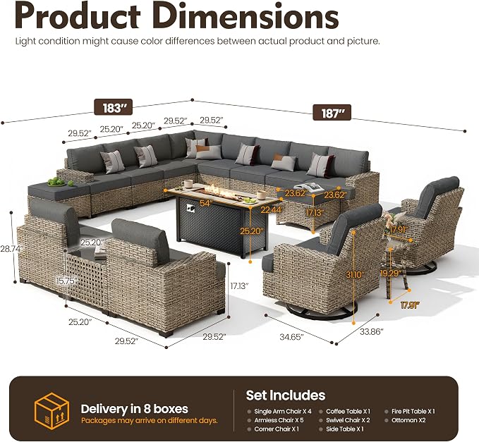 HOOOWOOO Sectional Patio Furniture Set with Fire Pit Table,17 Pieces Wicker Outdoor Furniture L Shaped Couch,Outside Conversation Set Extra Deep Sofa Wide Arm Swivel Chairs Ottoman Solar Light,Black