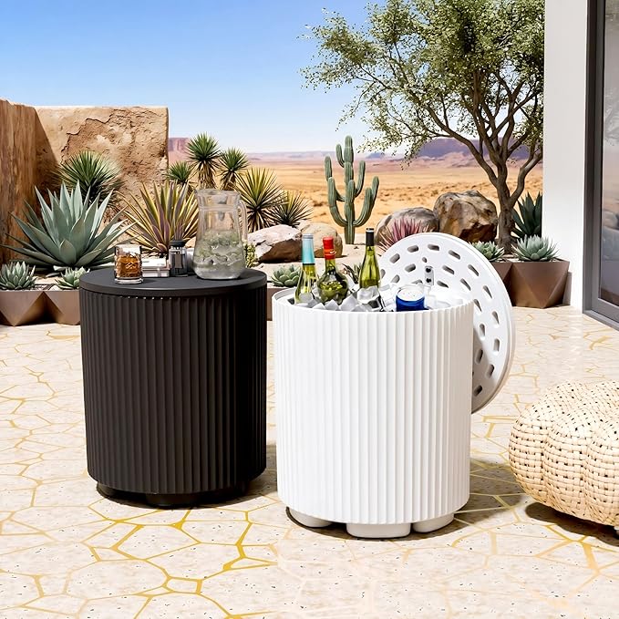 Outdoor Cooler Side Table, 2-in-1 Ice Chest Side Table Bucket All Weather Resistant, Portable Cooler Table for Patio & Parties & Picnics & Beach & BBQ, White