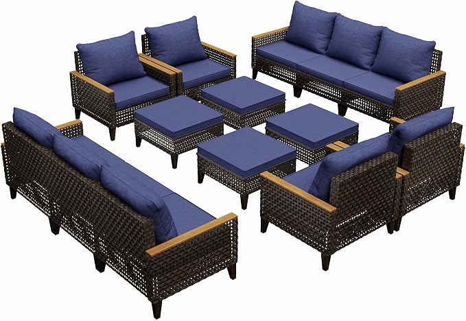 14 Piece Patio Sectional Sofa Furniture Set, All-Weather Wicker Rattan Outdoor Conversation Set with High Back and Hick Cushions, for Garden, Porch, Poolside, Blue