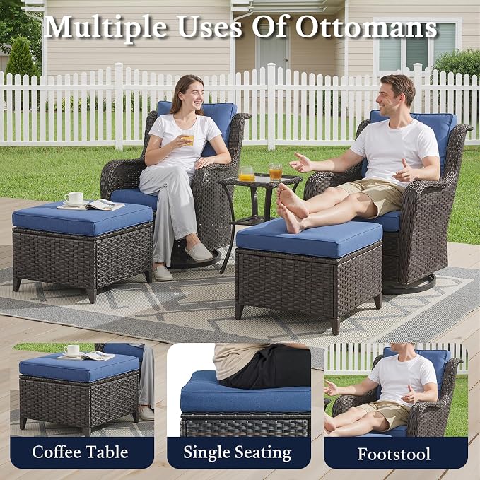 Outdoor Swivel Chairs-Patio Swivel Glider Chairs with Ottomans Outdoor Conversation Set for Deck Balcony Poolside Backyard-Brown/Blue
