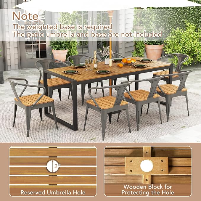 HAPPYGRILL 8-Person Outdoor Acacia Wood Dining Table, 79" x 35.5" Rectangular Patio Dining Table with 2" Umbrella Hole and Sturdy Metal Frame, Outdoor Patio Table for Garden, Deck and Backyard