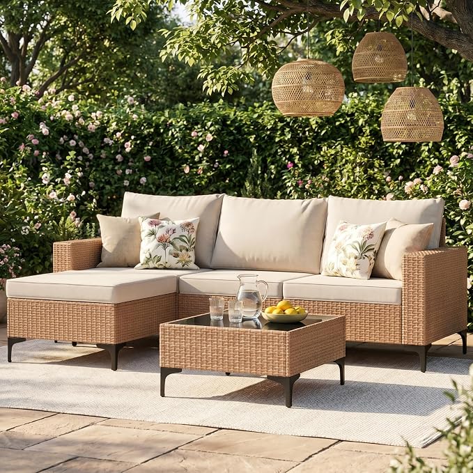 Vikiullf 5 Pieces Patio Furniture Set, Wicker Outdoor Conversation Set, Patio Sectional Sofa with 4" Thick Cushions, for Backyard, Poolside, Garden (Beige)