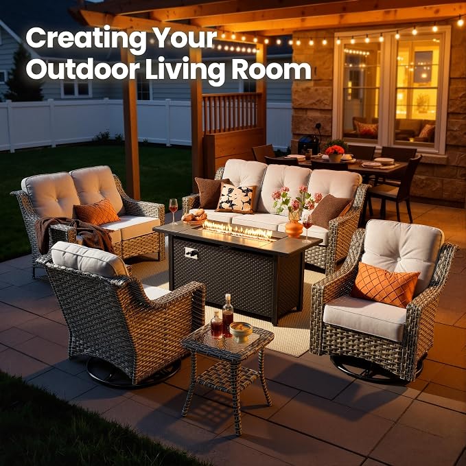 6 Piece Patio Furniture Set with Fire Pit Table, Conversation Sets with High Back Swivel Rocker Chairs, Outdoor Wicker Sofa Loveseat with Comfy Cushion for Backyard Deck Garden, Grey