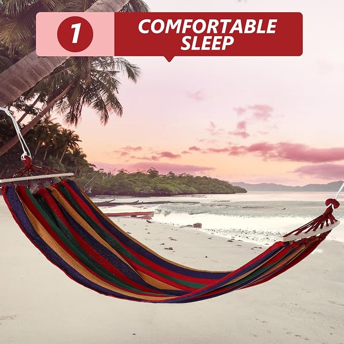 NUOBESTY Heavy Duty Outdoor Camping Hammock Bed with Canvas Material 200x80cm Striped Pattern, Anti-tip Design with Curved Rod and Duckbill Buckle, Single Person for Patio and Backyard Use