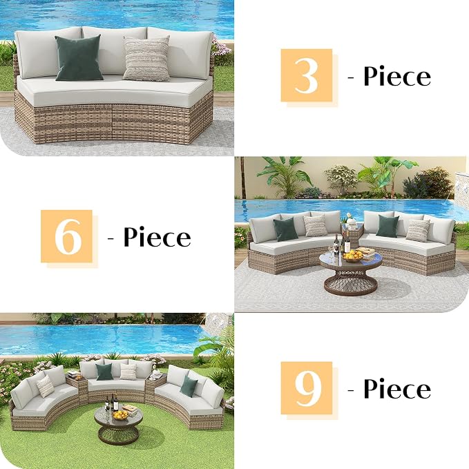 PaPaJet 6-Piece Patio Furniture Set, Half-Moon Wicker Sectional Sofa with Cushions, Waterproof Rattan Outdoor Conversation Set for Beach, Pool, Garden & Balcony, Beige