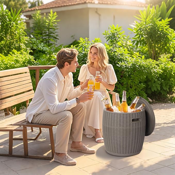 9.5 Gallon Cooler Side Table, Portable Ice Chest with Built-in Handle, Multifunctional Ice Cooler Outdoor Cocktail Side Table w/Lid & Drain for Camping, Picnic, Beach, Pool, Party